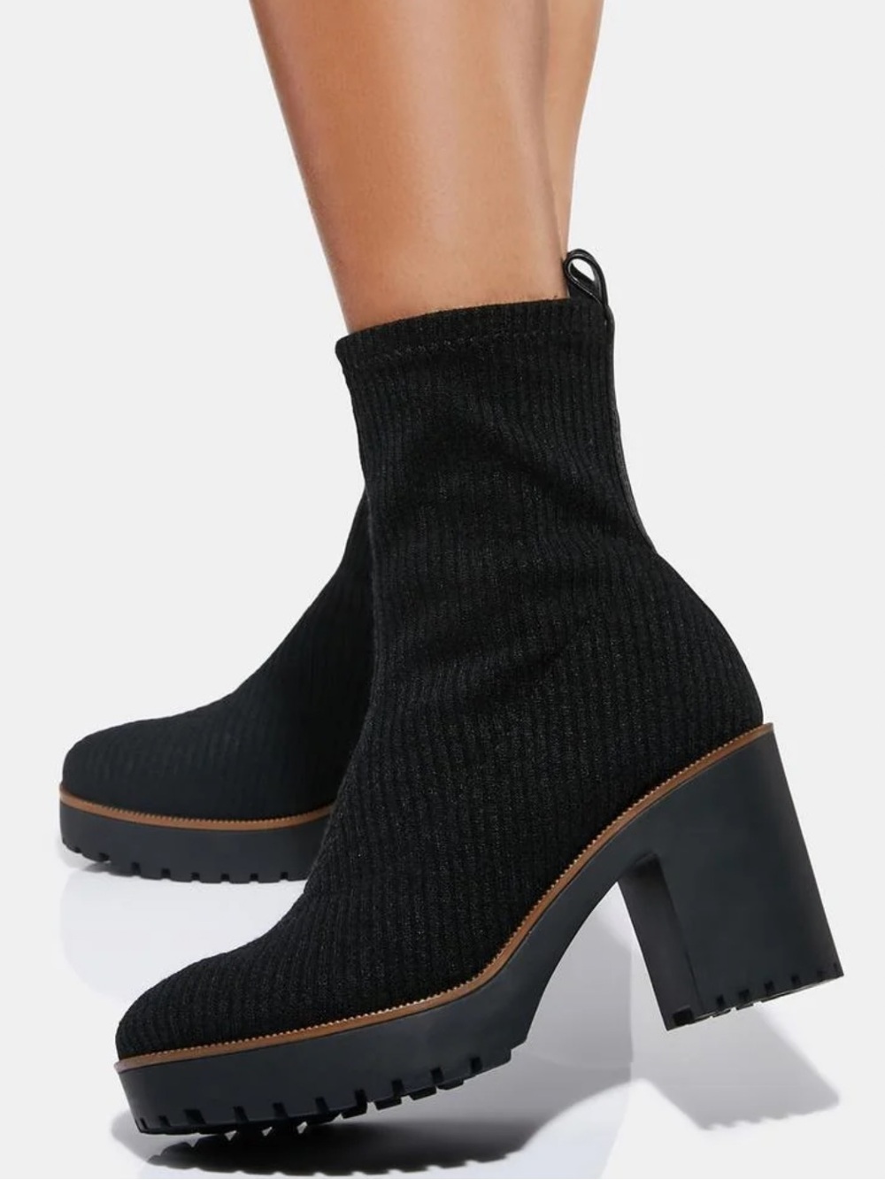 Chinese Laundry Garvey Black Knit Lug-Sole Block Heel Ankle Boots Size 8